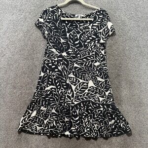 Three Dots Swing Dress‎ Women Medium Black Leaf Print Short Sleeve Ruffle Hem